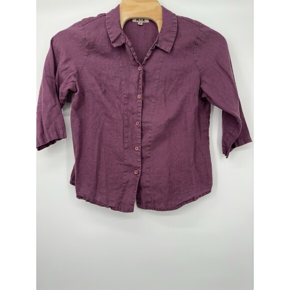 FLAX Sz M Cropped Shirt Top Linen Abalone Button Brown 3/4 Slv Lagenlook‎ Beach - Picture 2 of 7